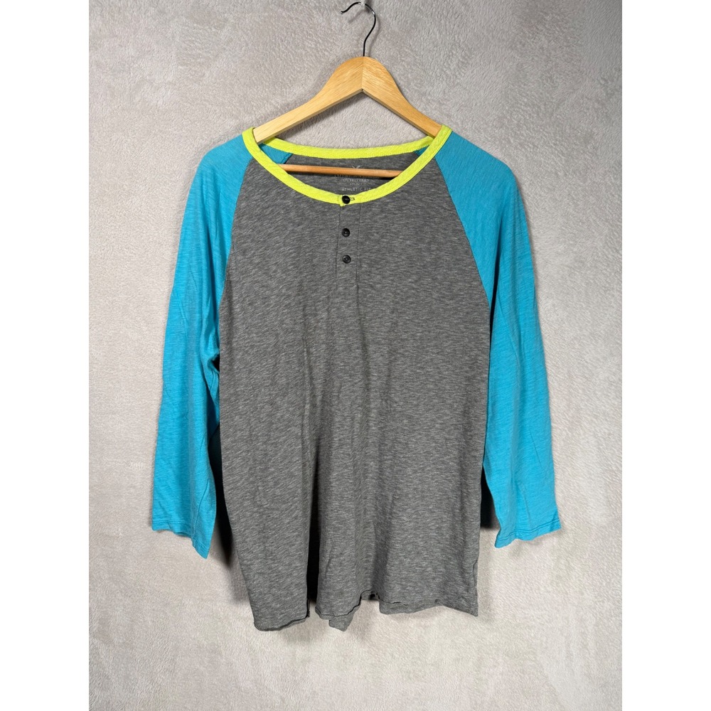 American Eagle Gray Blue Colorblock Henley Long Sleeve Shirt Women's Large Y2K